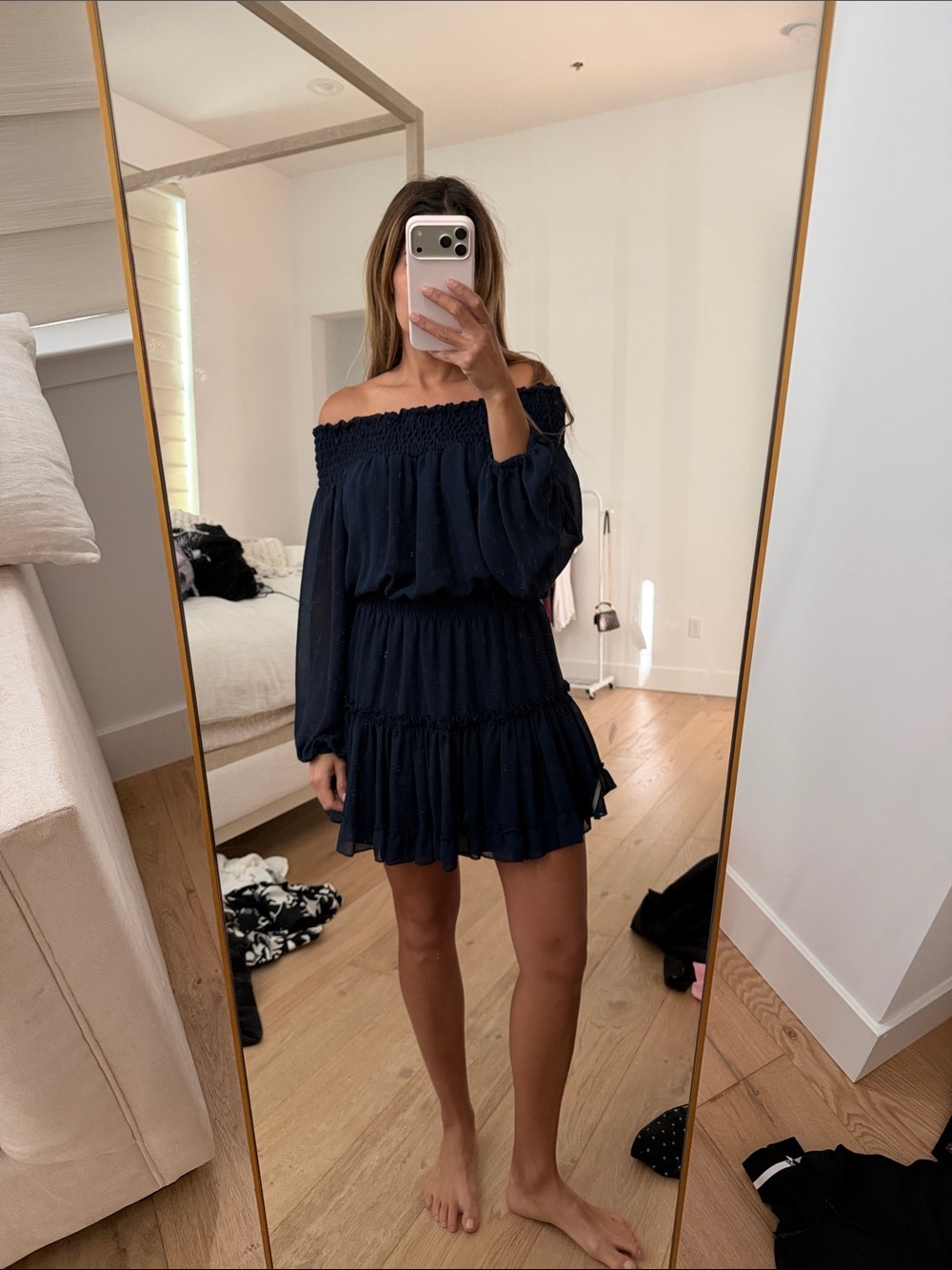 Misa Off-Shoulder Navy Tiered Mini Dress